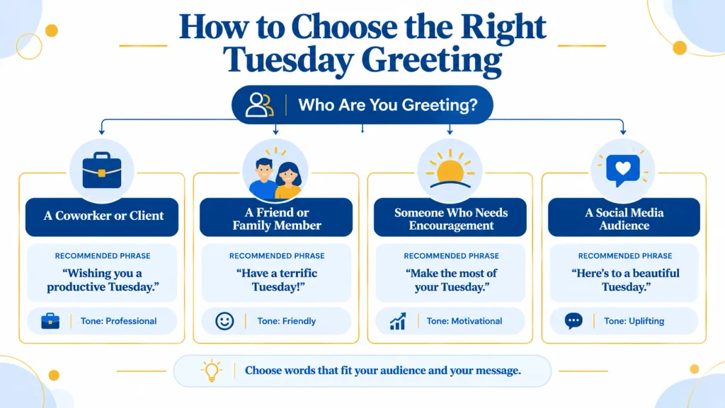 Decision tree for choosing professional, friendly, motivational, or social media Tuesday greetings.