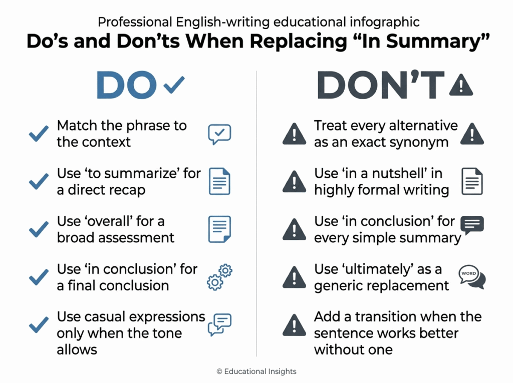 Do’s and don’ts for choosing alternatives to in summary