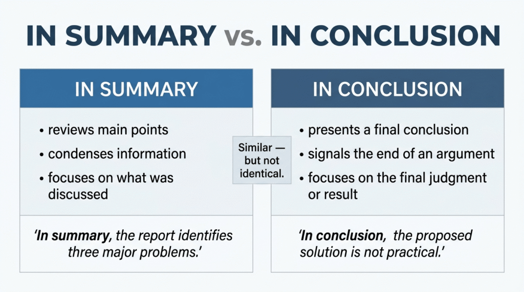 Comparison of in summary and in conclusion with meanings and example sentences